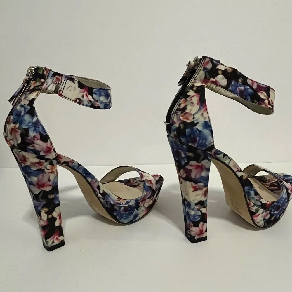 ALDO Floral Print Ankle-Strap Platform Heels - Blue, Pink, White - Picture 5 of 8